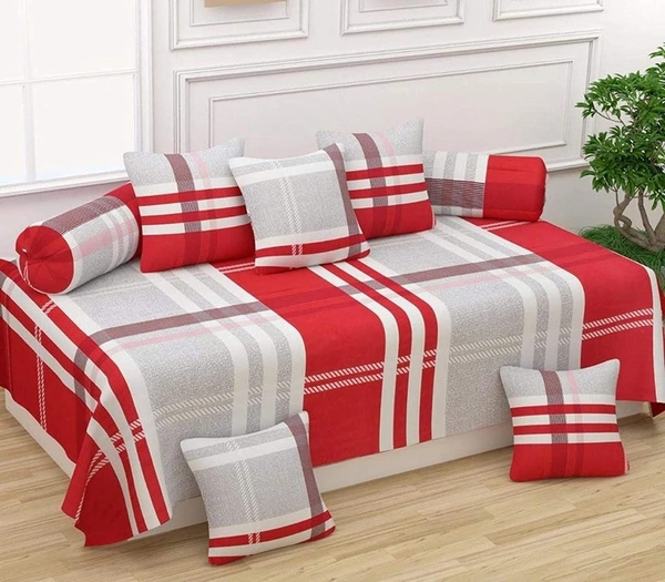MORADO Glace Cotton 8 Pieces Diwan Set Including 1 Bedsheet, 5 Cushion Covers and 2 Bolster Covers, Red Grey Check - Red