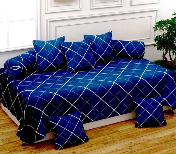 MORADO Glace Cotton 8 Pieces Diwan Set Including 1 Bedsheet, 5 Cushion Covers and 2 Bolster Covers, Dark Blue - Blue