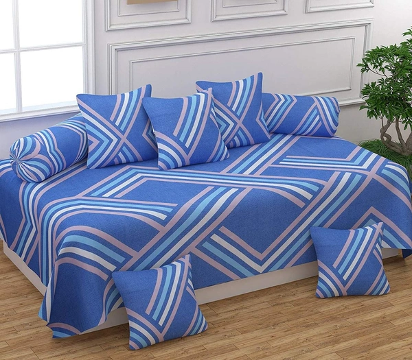 MORADO Glace Cotton 8 Pieces Diwan Set Including 1 Bedsheet, 5 Cushion Covers and 2 Bolster Covers, Blue Zig Zag - Blue