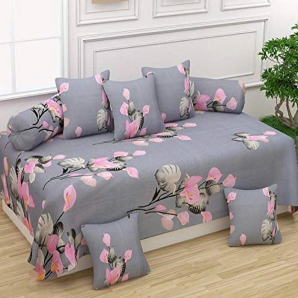MORADO Glace Cotton 8 Pieces Diwan Set Including 1 Bedsheet, 5 Cushion Covers and 2 Bolster Covers, Grey Pink Flower - Grey