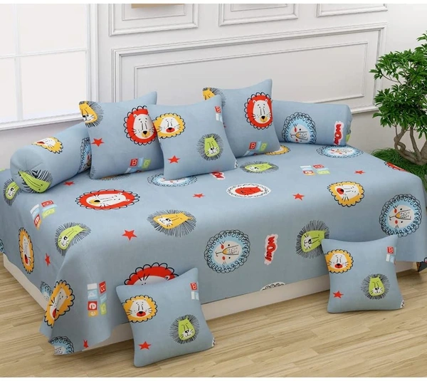 MORADO Glace Cotton 8 Pieces Diwan Set Including 1 Bedsheet, 5 Cushion Covers and 2 Bolster Covers, Grey Cartoon - Grey