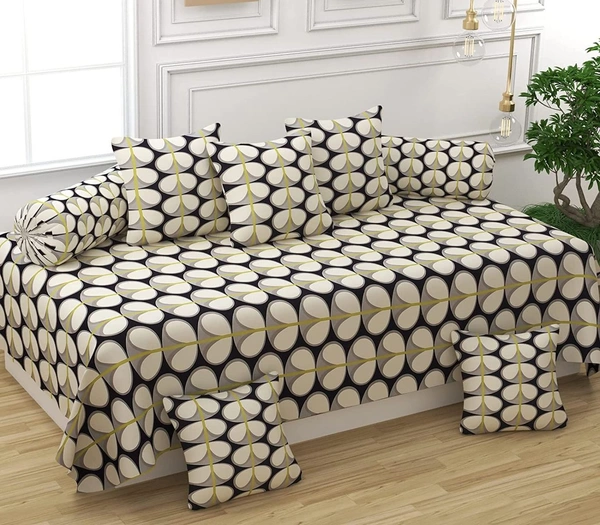 MORADO Glace Cotton 8 Pieces Diwan Set Including 1 Bedsheet, 5 Cushion Covers and 2 Bolster Covers, Light Green - Multicolor