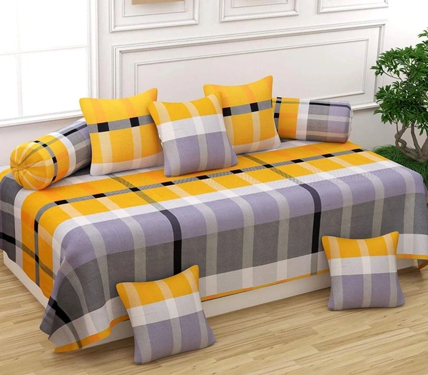MORADO Glace Cotton 8 Pieces Diwan Set Including 1 Bedsheet, 5 Cushion Covers and 2 Bolster Covers, Grey Yellow Check - Multicolor