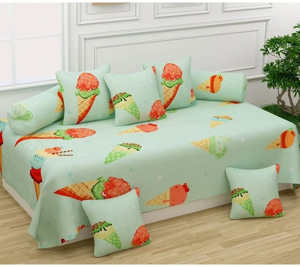 MORADO Glace Cotton 8 Pieces Diwan Set Including 1 Bedsheet, 5 Cushion Covers and 2 Bolster Covers, Green - Green