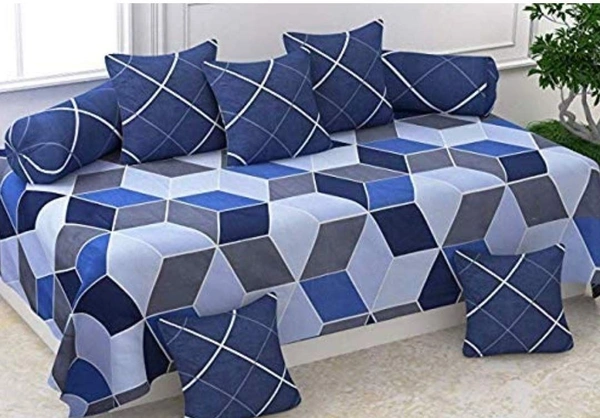 MORADO Glace Cotton 8 Pieces Diwan Set Including 1 Bedsheet, 5 Cushion Covers and 2 Bolster Covers, Light Blue Dark Blue - Brown