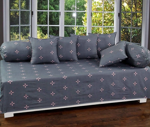 MORADO Glace Cotton 8 Pieces Diwan Set Including 1 Bedsheet, 5 Cushion Covers and 2 Bolster Covers, Grey Pink Star - Grey