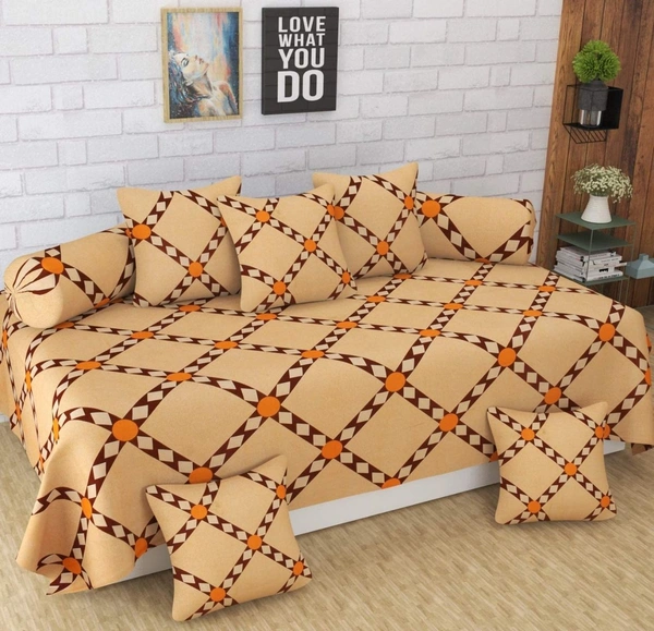 MORADO Glace Cotton 8 Pieces Diwan Set Including 1 Bedsheet, 5 Cushion Covers and 2 Bolster Covers, Brown Blocks - Brown