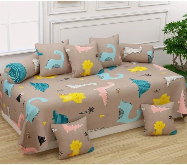 MORADO Glace Cotton 8 Pieces Diwan Set Including 1 Bedsheet, 5 Cushion Covers and 2 Bolster Covers, Brown Cartoon Print - Brown