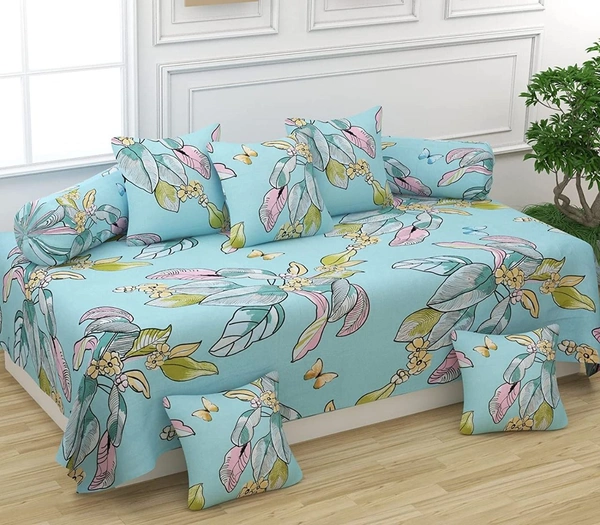 MORADO Glace Cotton 8 Pieces Diwan Set Including 1 Bedsheet, 5 Cushion Covers and 2 Bolster Covers, Light Blue Leaves - Green
