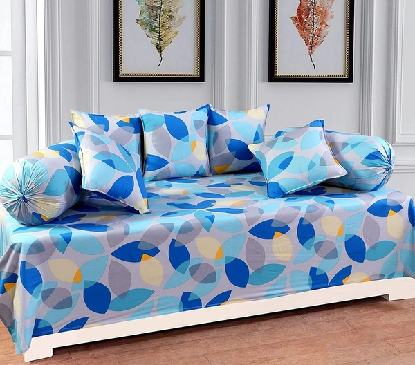 MORADO Glace Cotton 8 Pieces Diwan Set Including 1 Bedsheet, 5 Cushion Covers and 2 Bolster Covers, Blue Leaves - Blue