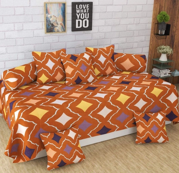 MORADO Glace Cotton 8 Pieces Diwan Set Including 1 Bedsheet, 5 Cushion Covers and 2 Bolster Covers, Multi - Brown