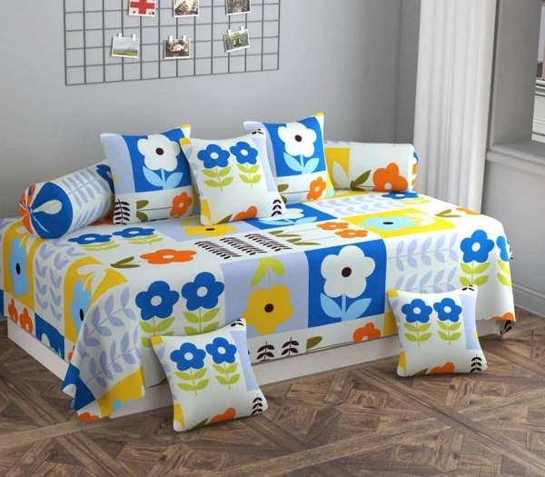 MORADO Glace Cotton 8 Pieces Diwan Set Including 1 Bedsheet, 5 Cushion Covers and 2 Bolster Covers, Blue Offwhite - Multicolor