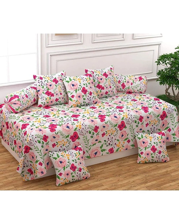MORADO Glace Cotton 8 Pieces Diwan Set Including 1 Bedsheet, 5 Cushion Covers and 2 Bolster Covers, Pink White Floral - Pink