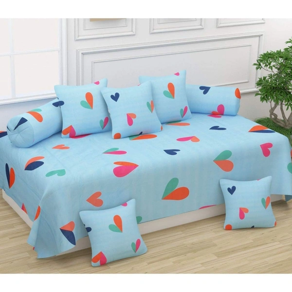 MORADO Glace Cotton 8 Pieces Diwan Set Including 1 Bedsheet, 5 Cushion Covers and 2 Bolster Covers, Light Blue Heart - Blue