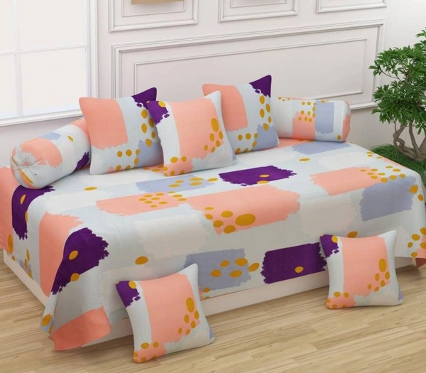 MORADO Glace Cotton 8 Pieces Diwan Set Including 1 Bedsheet, 5 Cushion Covers and 2 Bolster Covers, Peach Purple - Multicolor
