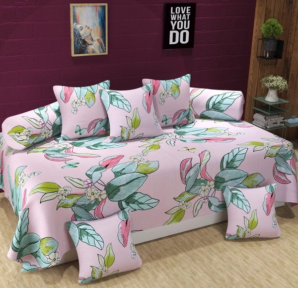 MORADO Glace Cotton 8 Pieces Diwan Set Including 1 Bedsheet, 5 Cushion Covers and 2 Bolster Covers, Pink Multi Leaves - Pink