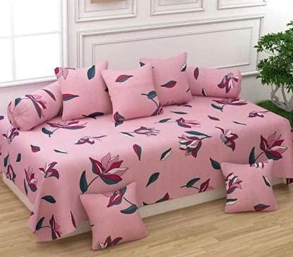 MORADO Glace Cotton 8 Pieces Diwan Set Including 1 Bedsheet, 5 Cushion Covers and 2 Bolster Covers, Pink Green Floral - Pink