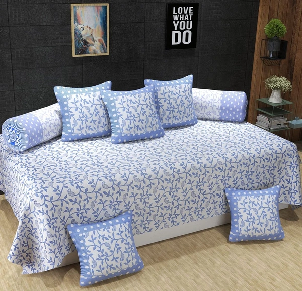 MORADO 100 % Sheeting Cotton 8 Pieces Diwan Set Including 1 Bedsheet, 5 Cushion Covers and 2 Bolster Covers, Blue - Blue