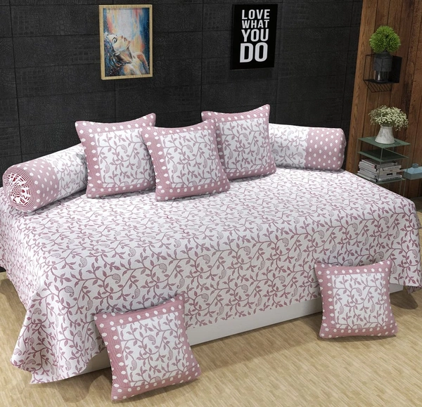 MORADO 100 % Sheeting Cotton 8 Pieces Diwan Set Including 1 Bedsheet, 5 Cushion Covers and 2 Bolster Covers, Onion Color - Onion Pink