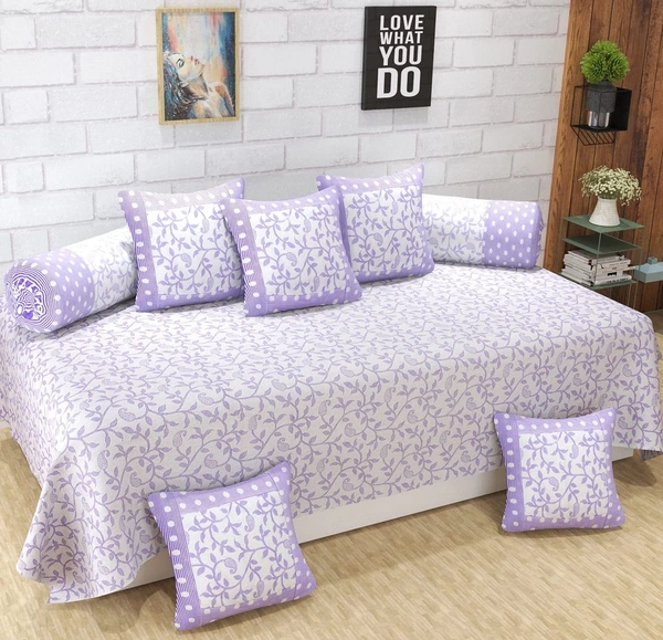 MORADO 100 % Sheeting Cotton 8 Pieces Diwan Set Including 1 Bedsheet, 5 Cushion Covers and 2 Bolster Covers, Purple - Pupple