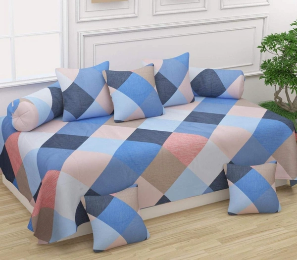 MORADO Glace Cotton 8 Pieces Diwan Set Including 1 Bedsheet, 5 Cushion Covers and 2 Bolster Covers,Multi Block - Multicolor