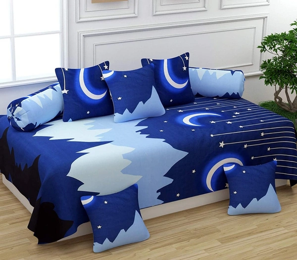 MORADO Glace Cotton 8 Pieces Diwan Set Including 1 Bedsheet, 5 Cushion Covers and 2 Bolster Covers, Dark Blue - Blue