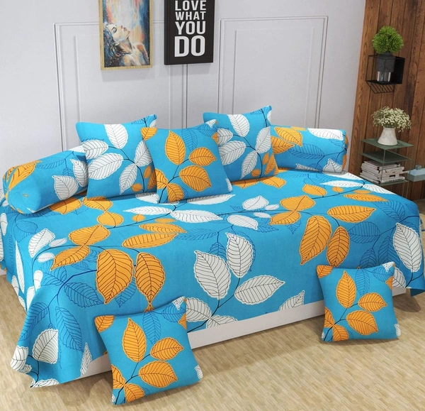 MORADO Glace Cotton 8 Pieces Diwan Set Including 1 Bedsheet, 5 Cushion Covers and 2 Bolster Covers, Aqua Blue - Blue