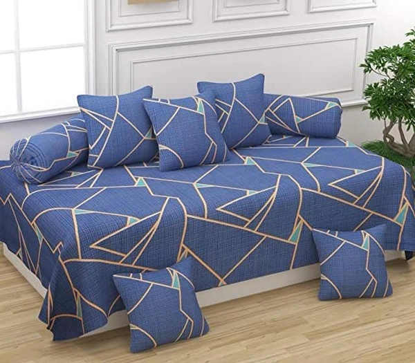 MORADO Glace Cotton 8 Pieces Diwan Set Including 1 Bedsheet, 5 Cushion Covers and 2 Bolster Covers, Blue - Blue