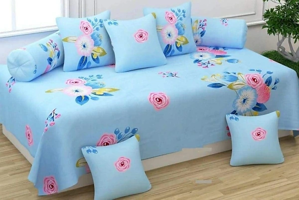 MORADO Glace Cotton 8 Pieces Diwan Set Including 1 Bedsheet, 5 Cushion Covers and 2 Bolster Covers, Sky Blue - Blue