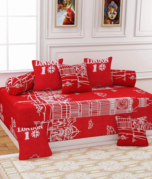 MORADO Glace Cotton 8 Pieces Diwan Set Including 1 Bedsheet, 5 Cushion Covers and 2 Bolster Covers, Red - Red