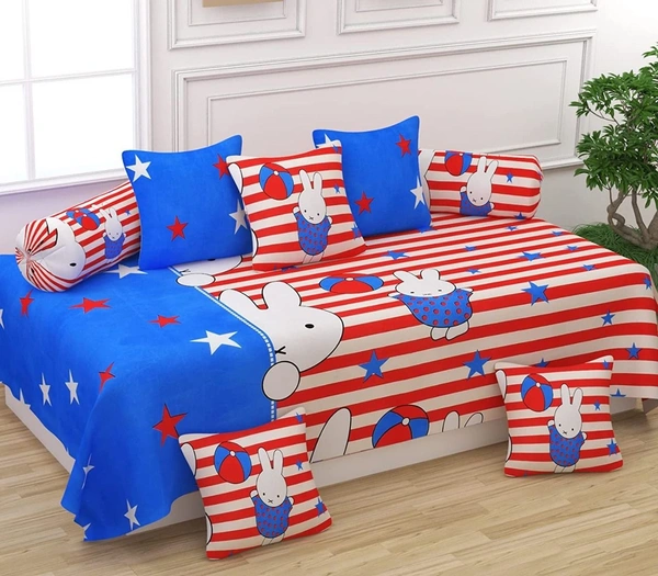 MORADO Glace Cotton 8 Pieces Diwan Set Including 1 Bedsheet, 5 Cushion Covers and 2 Bolster Covers, Rabbbit Print - Multicolor