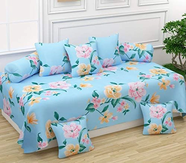 MORADO Glace Cotton 8 Pieces Diwan Set Including 1 Bedsheet, 5 Cushion Covers and 2 Bolster Covers, Multi Rose - Blue