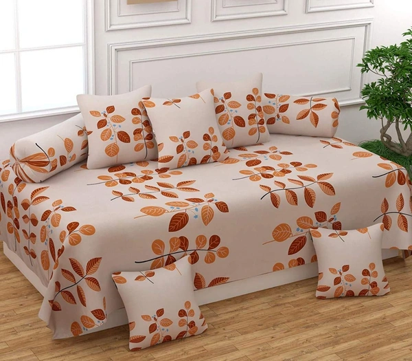 MORADO Glace Cotton 8 Pieces Diwan Set Including 1 Bedsheet, 5 Cushion Covers and 2 Bolster Covers, Brown Bale - Brown