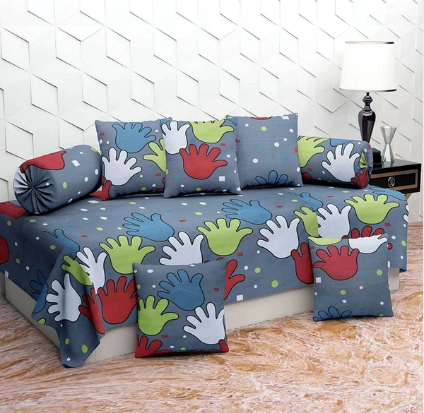 MORADO Glace Cotton 8 Pieces Diwan Set Including 1 Bedsheet, 5 Cushion Covers and 2 Bolster Covers, Color Full Hands Print - Grey
