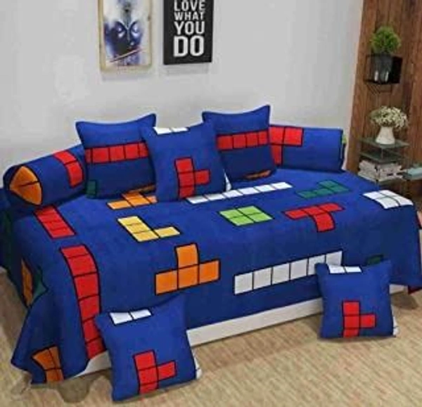 MORADO Glace Cotton 8 Pieces Diwan Set Including 1 Bedsheet, 5 Cushion Covers and 2 Bolster Covers, Color Full Block - Blue