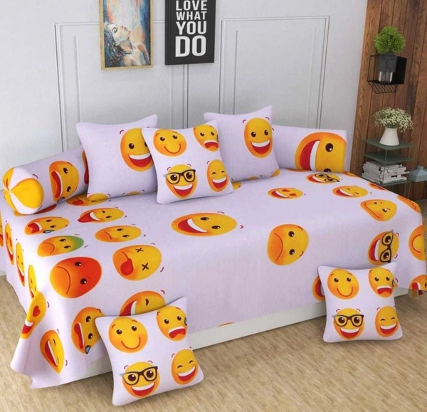 MORADO Glace Cotton 8 Pieces Diwan Set Including 1 Bedsheet, 5 Cushion Covers and 2 Bolster Covers, Emojis - Pink