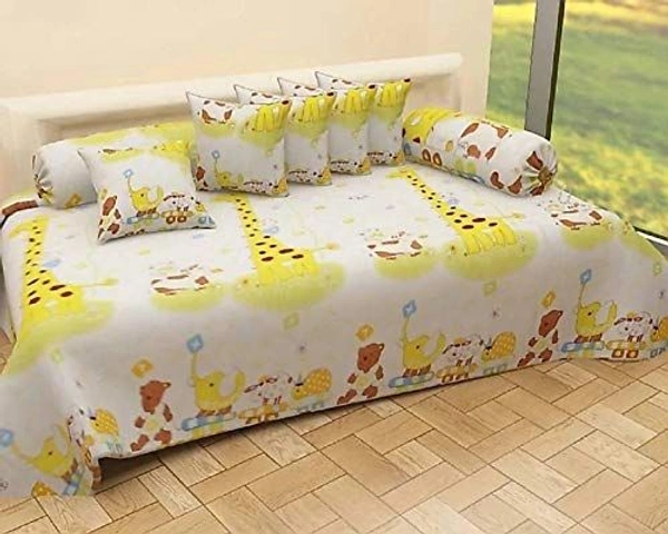 MORADO Glace Cotton 8 Pieces Diwan Set Including 1 Bedsheet, 5 Cushion Covers and 2 Bolster Covers, Cartoon - Offwhite