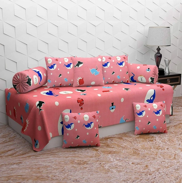MORADO Glace Cotton 8 Pieces Diwan Set Including 1 Bedsheet, 5 Cushion Covers and 2 Bolster Covers, Pink Dolfine - Pink