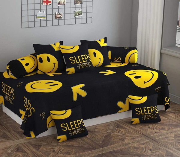 MORADO Glace Cotton 8 Pieces Diwan Set Including 1 Bedsheet, 5 Cushion Covers and 2 Bolster Covers, Smily - Black