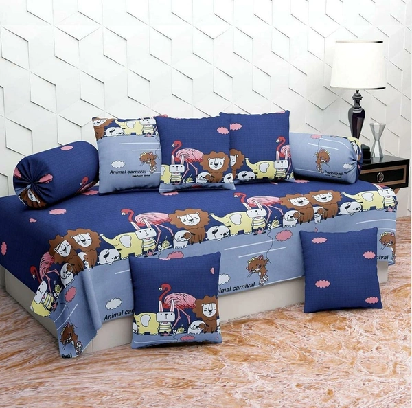 MORADO Glace Cotton 8 Pieces Diwan Set Including 1 Bedsheet, 5 Cushion Covers and 2 Bolster Covers, Animal Cartoon - Blue