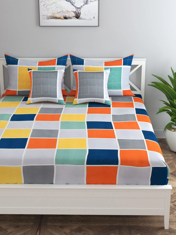 MORADO Glace Cotton 5 Pcs Quilted Bedding Set | Double Bed Size Bedsheet with 2 Pillow Covers and 2 Filled Cushions (90x100 Inches - Orange) - 90x100 Inches, Orange