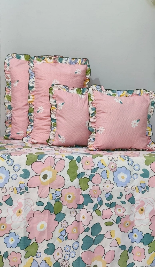 MORADO Glace Cotton 5 Pcs Frill Bedding Set | Double Bed Size Bedsheet with 2 Pillow Covers and 2 Filled Cushions (108x108 Inches - Pink) - 108x108 Inches, Pink