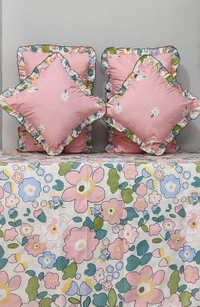 MORADO Glace Cotton 5 Pcs Frill Bedding Set | Double Bed Size Bedsheet with 2 Pillow Covers and 2 Filled Cushions (108x108 Inches - Pink) - 108x108 Inches, Pink