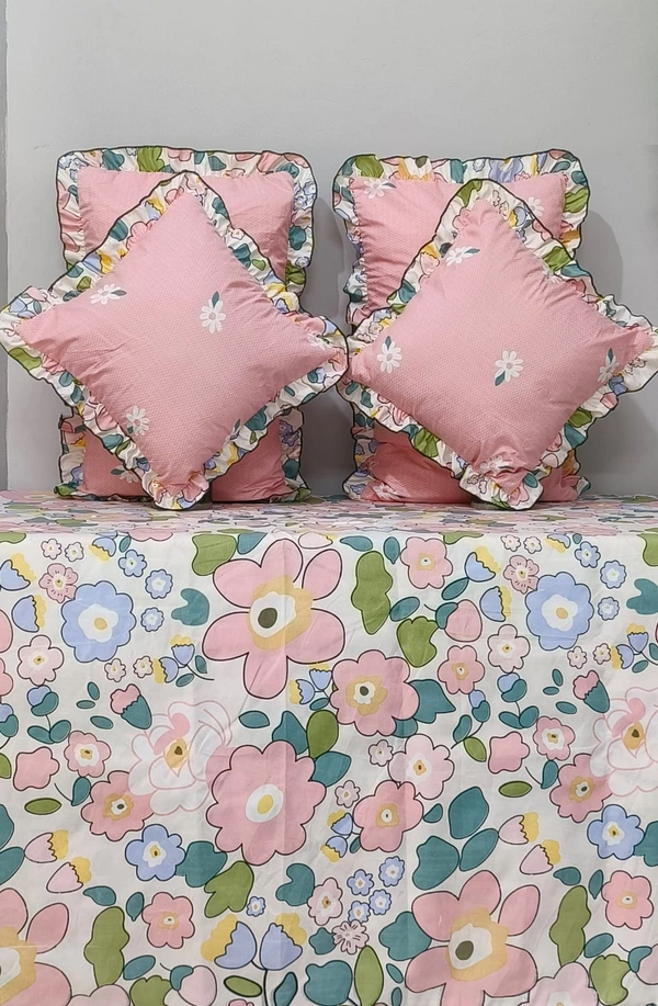 MORADO Glace Cotton 5 Pcs Frill Bedding Set | Double Bed Size Bedsheet with 2 Pillow Covers and 2 Filled Cushions (108x108 Inches - Pink) - 108x108 Inches, Pink