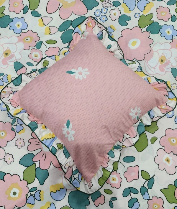 MORADO Glace Cotton 5 Pcs Frill Bedding Set | Double Bed Size Bedsheet with 2 Pillow Covers and 2 Filled Cushions (108x108 Inches - Pink) - 108x108 Inches, Pink