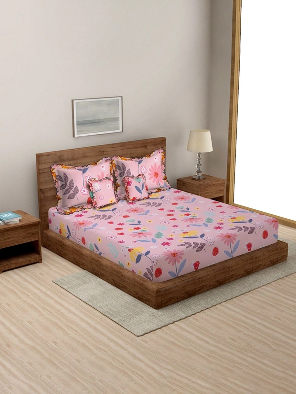 MORADO Glace Cotton 5 Pcs Frill Bedding Set | Double Bed Size Bedsheet with 2 Pillow Covers and 2 Filled Cushions (90x100 Inches - Pink) - 90x100 Inches, Pink