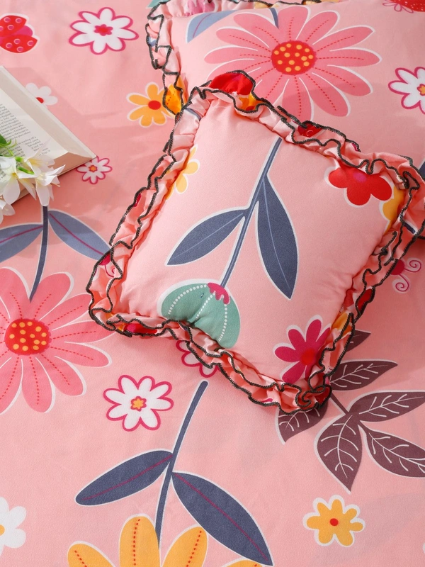 MORADO Glace Cotton 5 Pcs Frill Bedding Set | Double Bed Size Bedsheet with 2 Pillow Covers and 2 Filled Cushions (90x100 Inches - Pink) - 90x100 Inches, Pink