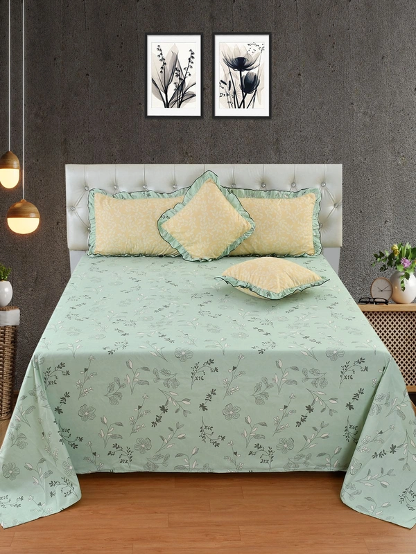 MORADO Glace Cotton 5 Pcs Frill Bedding Set | Double Bed Size Bedsheet With 2 Pillow Covers And 2 Filled Cushions (108x108 Inches - Green) - 108x108 Inches, Green