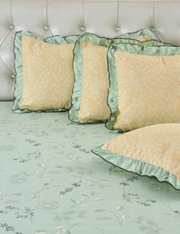 MORADO Glace Cotton 5 Pcs Frill Bedding Set | Double Bed Size Bedsheet With 2 Pillow Covers And 2 Filled Cushions (108x108 Inches - Green) - 108x108 Inches, Green