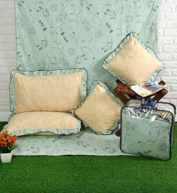 MORADO Glace Cotton 5 Pcs Frill Bedding Set | Double Bed Size Bedsheet With 2 Pillow Covers And 2 Filled Cushions (108x108 Inches - Green) - 108x108 Inches, Green